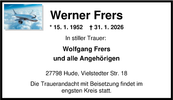 Traueranzeige von Werner Frers von Nordwest-Zeitung