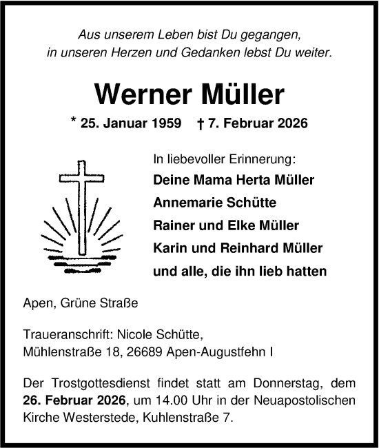 Traueranzeige von Werner Müller von Nordwest-Zeitung