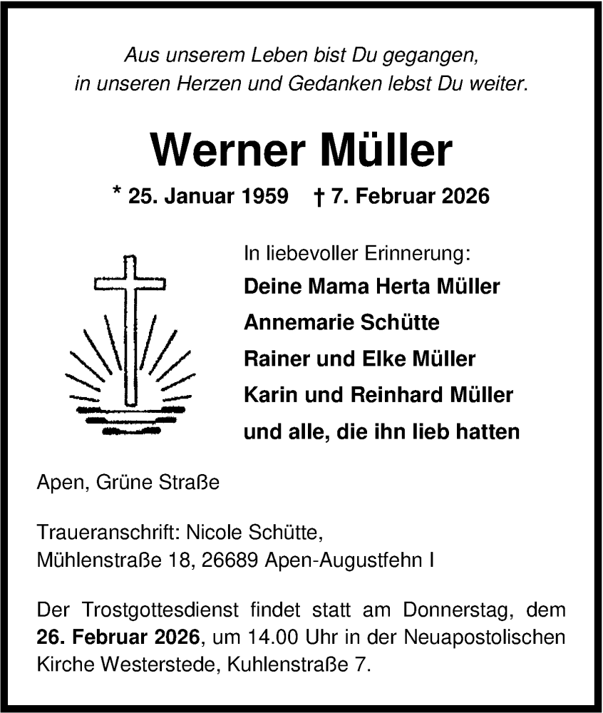  Traueranzeige für Werner Müller vom 14.02.2026 aus Nordwest-Zeitung