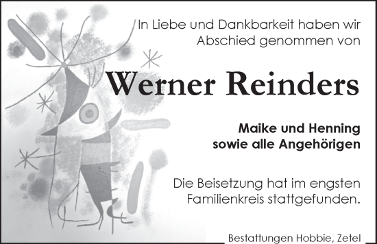 Traueranzeige von Werner Reinders von Nordwest-Zeitung