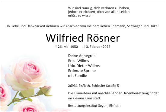 Traueranzeige von Wilfried Rösner von Nordwest-Zeitung