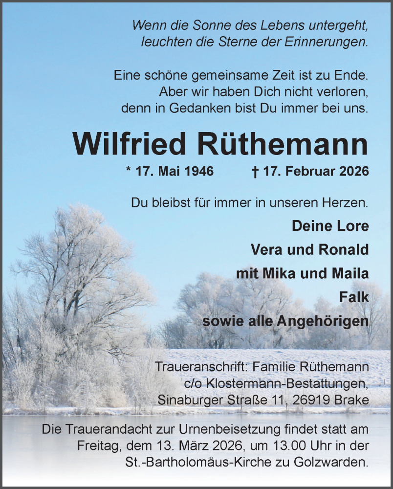  Traueranzeige für Wilfried Rüthemann vom 21.02.2026 aus Nordwest-Zeitung