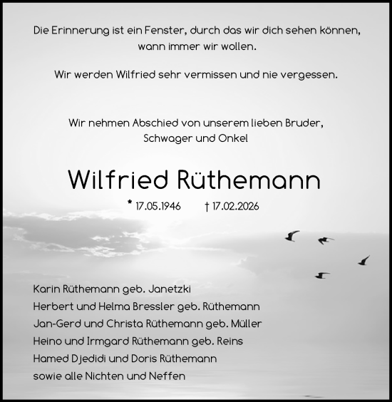 Traueranzeige von Wilfried Rüthemann von Nordwest-Zeitung