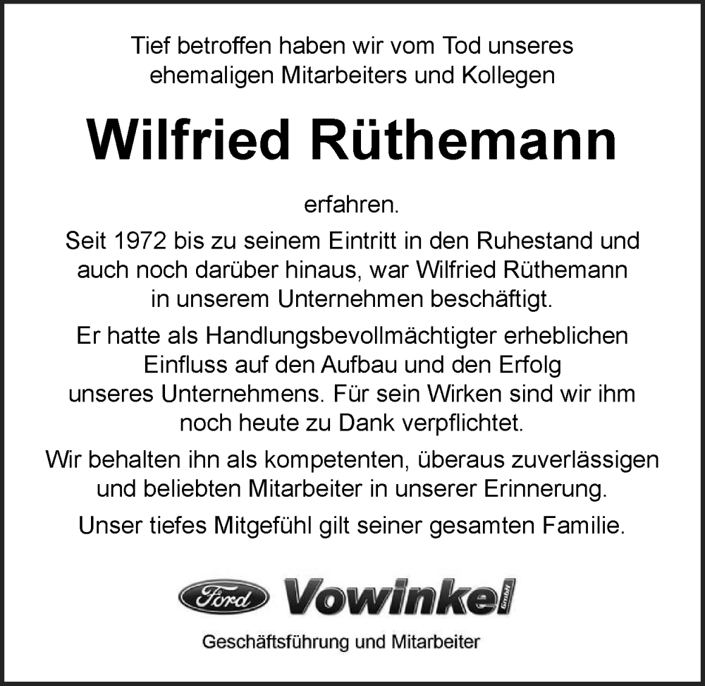  Traueranzeige für Wilfried Rüthemann vom 21.02.2026 aus Nordwest-Zeitung