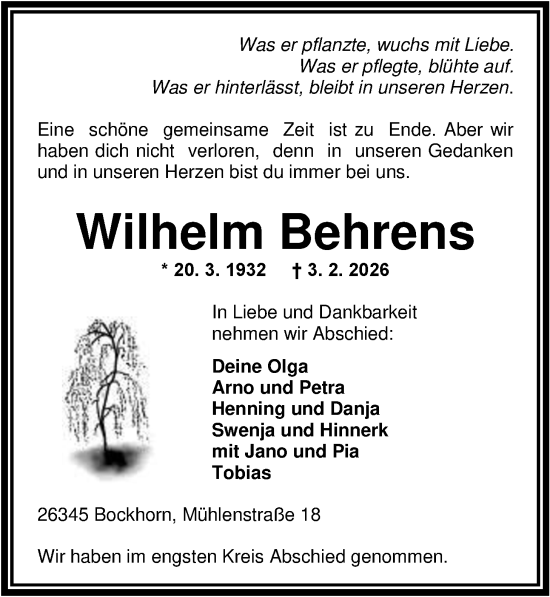 Traueranzeige von Wilhelm Behrens von Nordwest-Zeitung