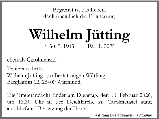 Traueranzeige von Wilhelm Jütting von WZ/JW/AH