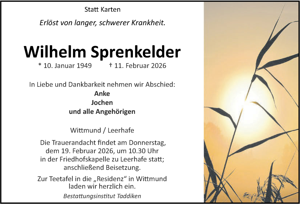  Traueranzeige für Wilhelm Sprenkelder vom 17.02.2026 aus WZ/JW/AH