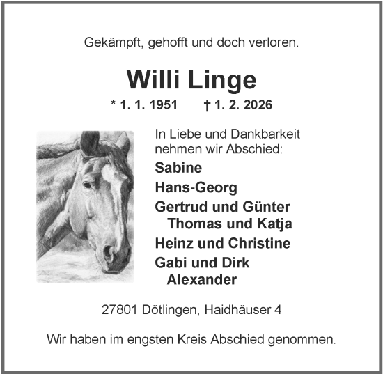 Traueranzeige von Willi Linge von Nordwest-Zeitung