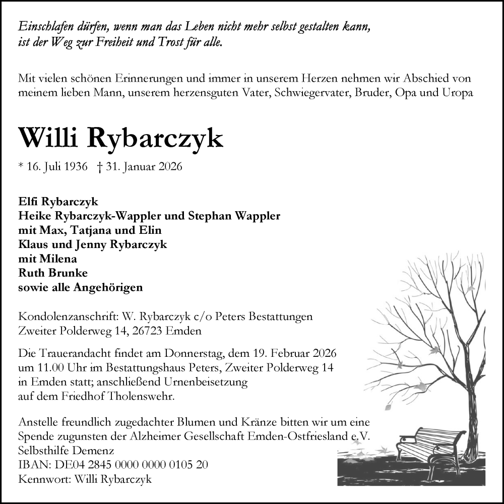  Traueranzeige für Willi Rybarczyk vom 07.02.2026 aus Emder Zeitung
