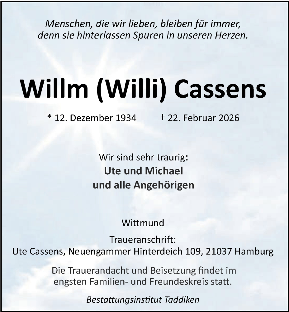  Traueranzeige für Willm Cassens vom 25.02.2026 aus WZ/JW/AH