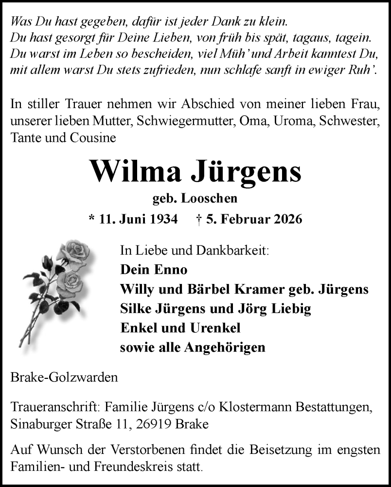  Traueranzeige für Wilma Jürgens vom 14.02.2026 aus Nordwest-Zeitung
