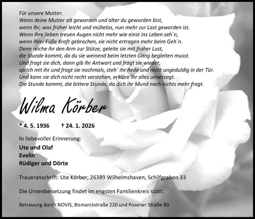  Traueranzeige für Wilma Körber vom 07.02.2026 aus WZ/JW/AH