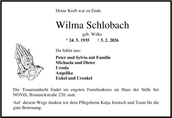 Traueranzeige von Wilma Schlobach von WZ/JW/AH