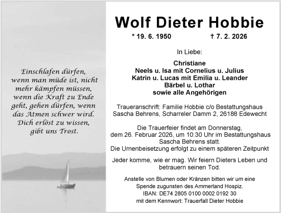 Traueranzeige von Wolf Dieter Hobbie von Nordwest-Zeitung