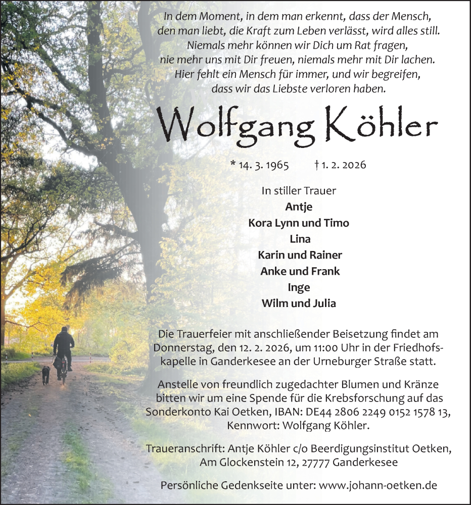  Traueranzeige für Wolfgang Köhler vom 06.02.2026 aus Nordwest-Zeitung