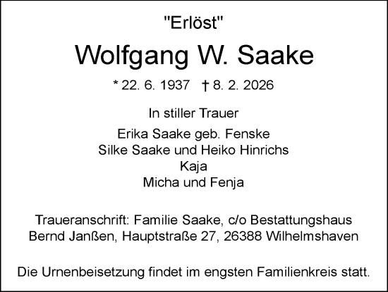 Traueranzeige von Wolfgang W. Saake von WZ/JW/AH