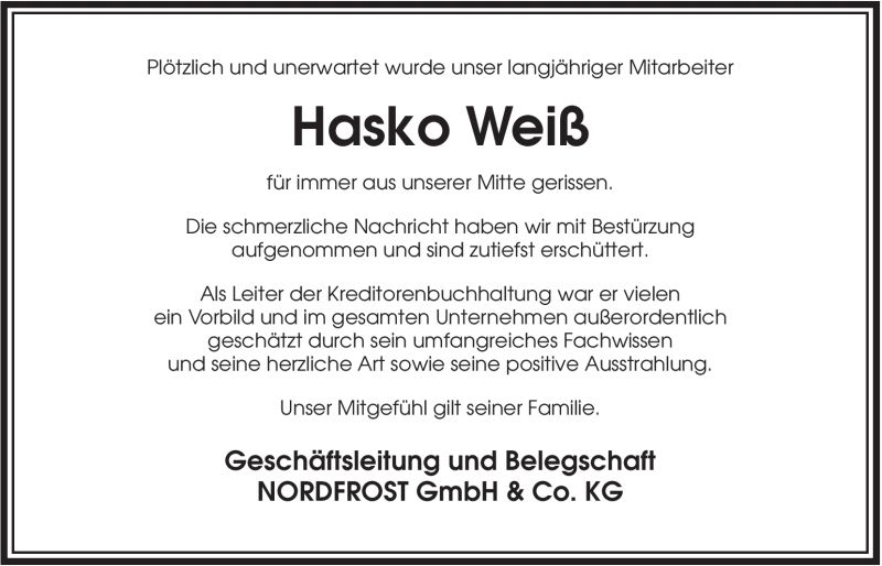  Traueranzeige für Hasko Weiß vom 18.10.2012 aus Jeversches Wochenblatt