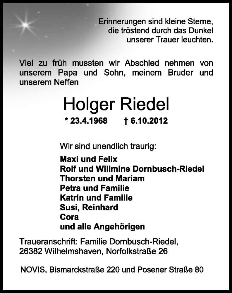  Traueranzeige für Holger Riedel vom 13.10.2012 aus Wilhelmshavener Zeitung