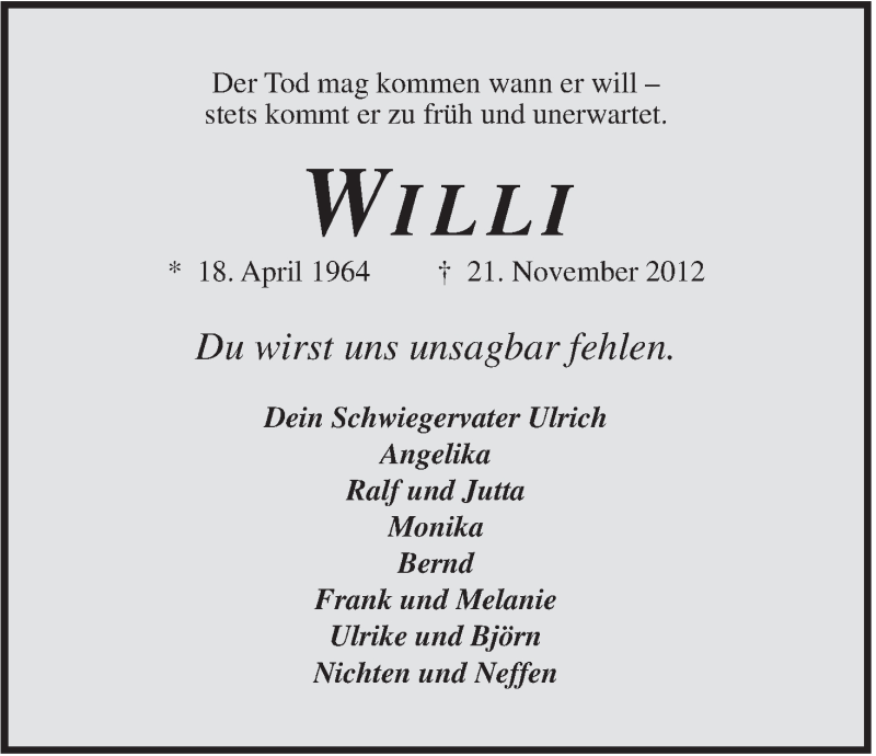  Traueranzeige für Willi Feddermann vom 23.11.2012 aus Jeversches Wochenblatt