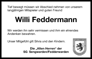 Traueranzeige von Willi Feddermann von Wilhelmshavener Zeitung