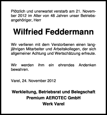 Traueranzeige von Willi Feddermann von Wilhelmshavener Zeitung