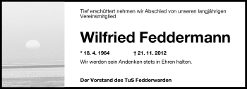 Traueranzeige von Wilfried Feddermann von Wilhelmshavener Zeitung