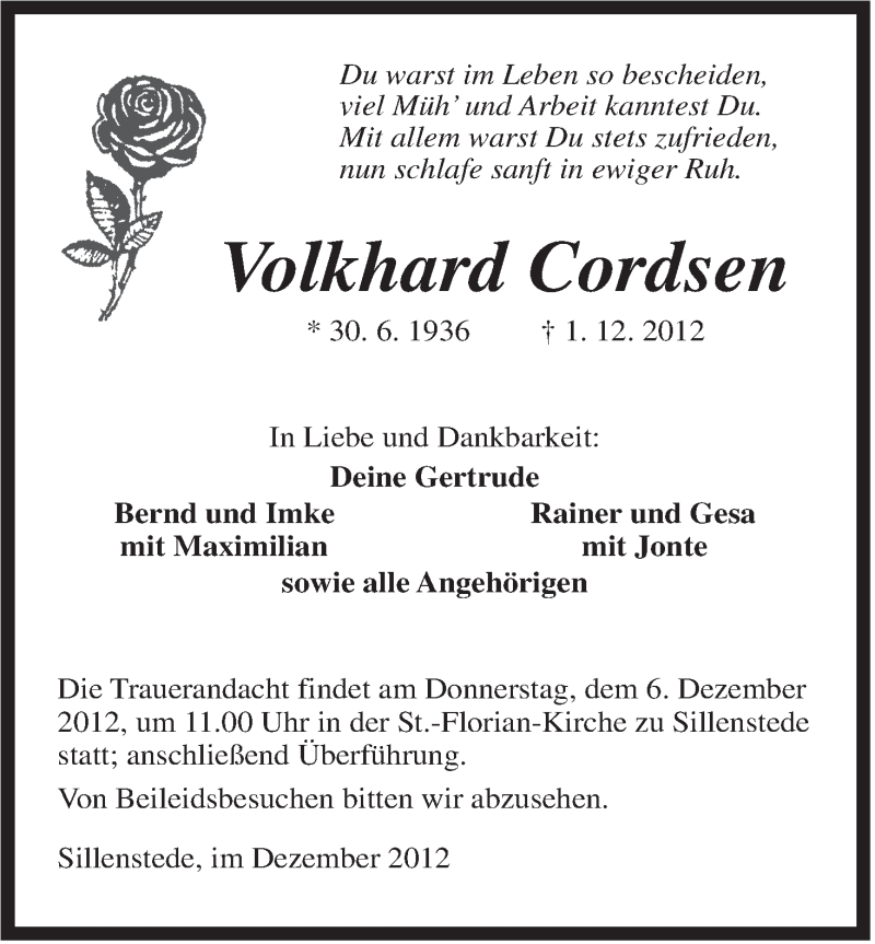  Traueranzeige für Volkhard Cordsen vom 03.12.2012 aus Jeversches Wochenblatt