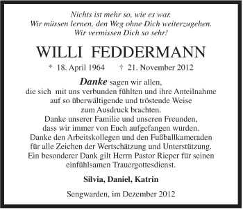 Traueranzeige von Willi Feddermann von Jeversches Wochenblatt