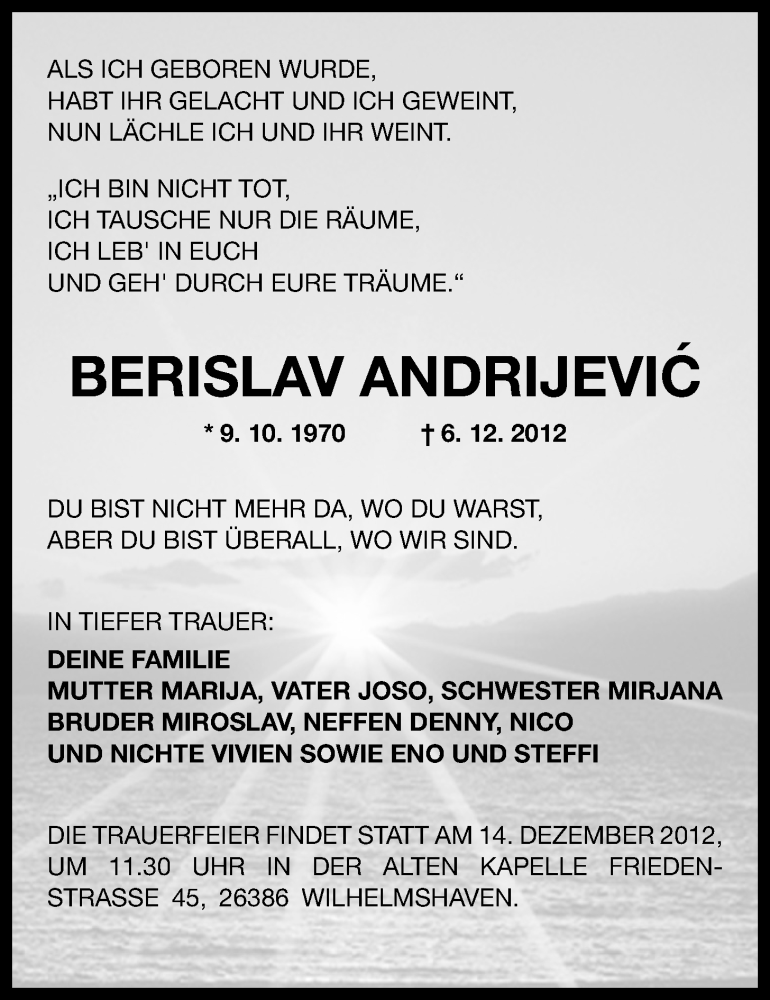  Traueranzeige für Berislav Andrijevic vom 11.12.2012 aus Wilhelmshavener Zeitung