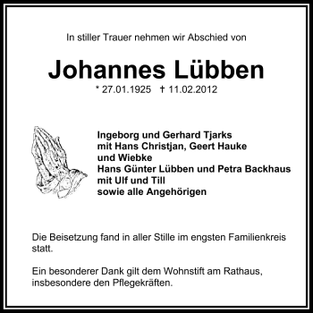 Traueranzeige von Johannes Lübben von Wilhelmshavener Zeitung
