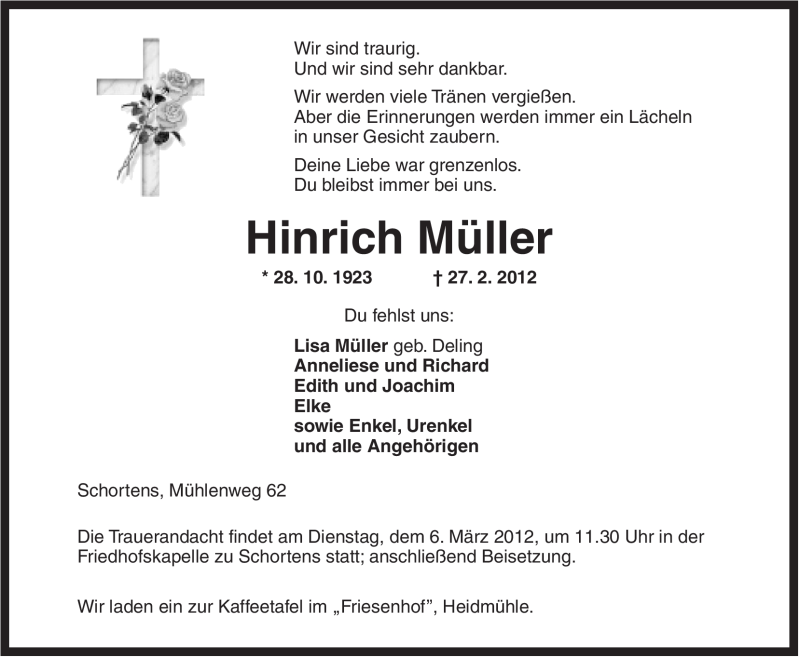  Traueranzeige für Hinrich Müller vom 01.03.2012 aus Jeversches Wochenblatt