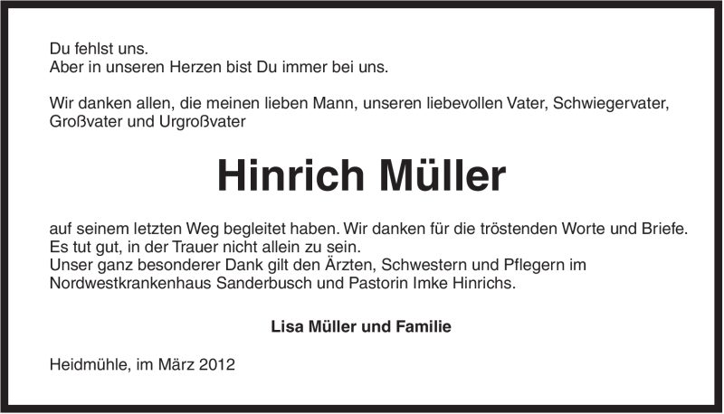  Traueranzeige für Hinrich Müller vom 24.03.2012 aus Jeversches Wochenblatt