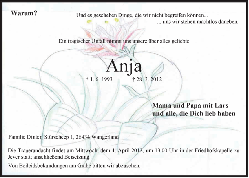  Traueranzeige für Anja Dinter vom 31.03.2012 aus Jeversches Wochenblatt