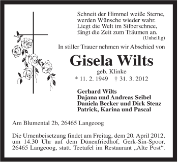 Traueranzeige von Gisela Wilts von Rhein-Zeitung