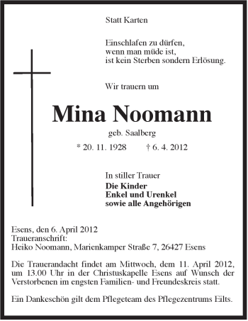 Traueranzeige von Mina Noormann von Rhein-Zeitung
