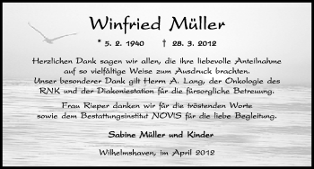 Traueranzeige von Winfried Müller von Wilhelmshavener Zeitung