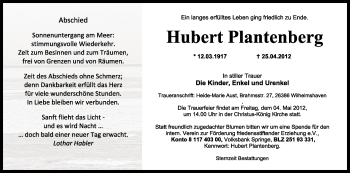 Traueranzeige von Hubert Plantenberg von Wilhelmshavener Zeitung