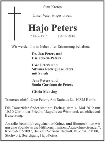 Traueranzeige von Hajo Peters von Rhein-Zeitung