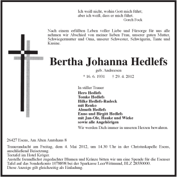Traueranzeige von Bertha Johanna Hedlefs von Rhein-Zeitung