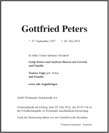 Traueranzeige von Gottfried Peters von Rhein-Zeitung