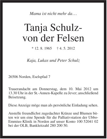 Traueranzeige von Tanja Schulz - von der Felsen von Jeversches Wochenblatt