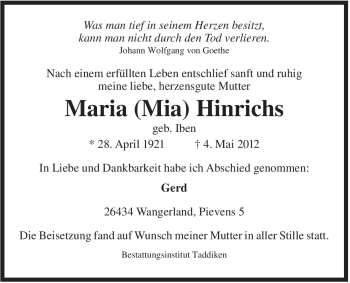 Traueranzeige von Maria Hinrichs von Jeversches Wochenblatt