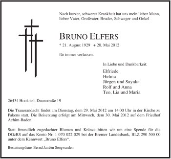 Traueranzeige von Bruno Elfers von Jeversches Wochenblatt