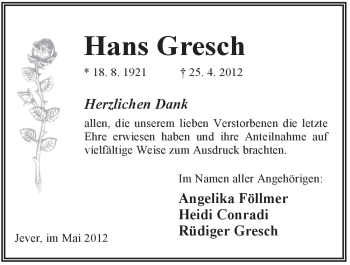 Traueranzeige von Hans Gresch von Jeversches Wochenblatt