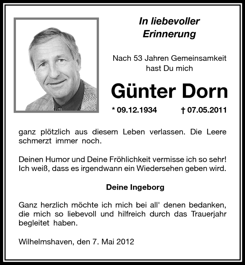  Traueranzeige für Günter Dorn vom 07.05.2012 aus Wilhelmshavener Zeitung