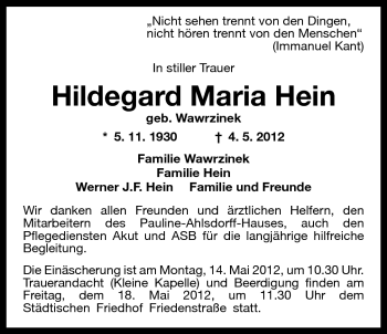 Traueranzeige von Hildegard Maria Hein von Wilhelmshavener Zeitung