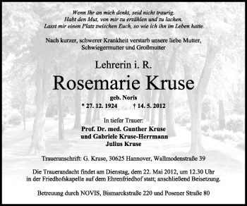 Traueranzeige von Rosemarie Kruse von Wilhelmshavener Zeitung