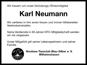 Traueranzeige von Karl Neumann von Wilhelmshavener Zeitung