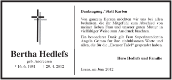 Traueranzeige von Bertha Hedlefs von Rhein-Zeitung
