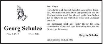 Traueranzeige von Georg Schulze von Jeversches Wochenblatt